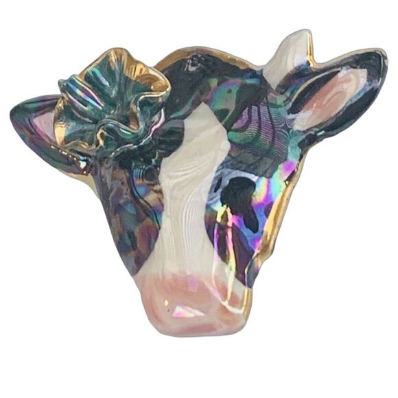 Vintage Cow Slide Button Cover 1.75" 14kt Gold Plated Enamel Figural Jewelry - Picture 4 of 9